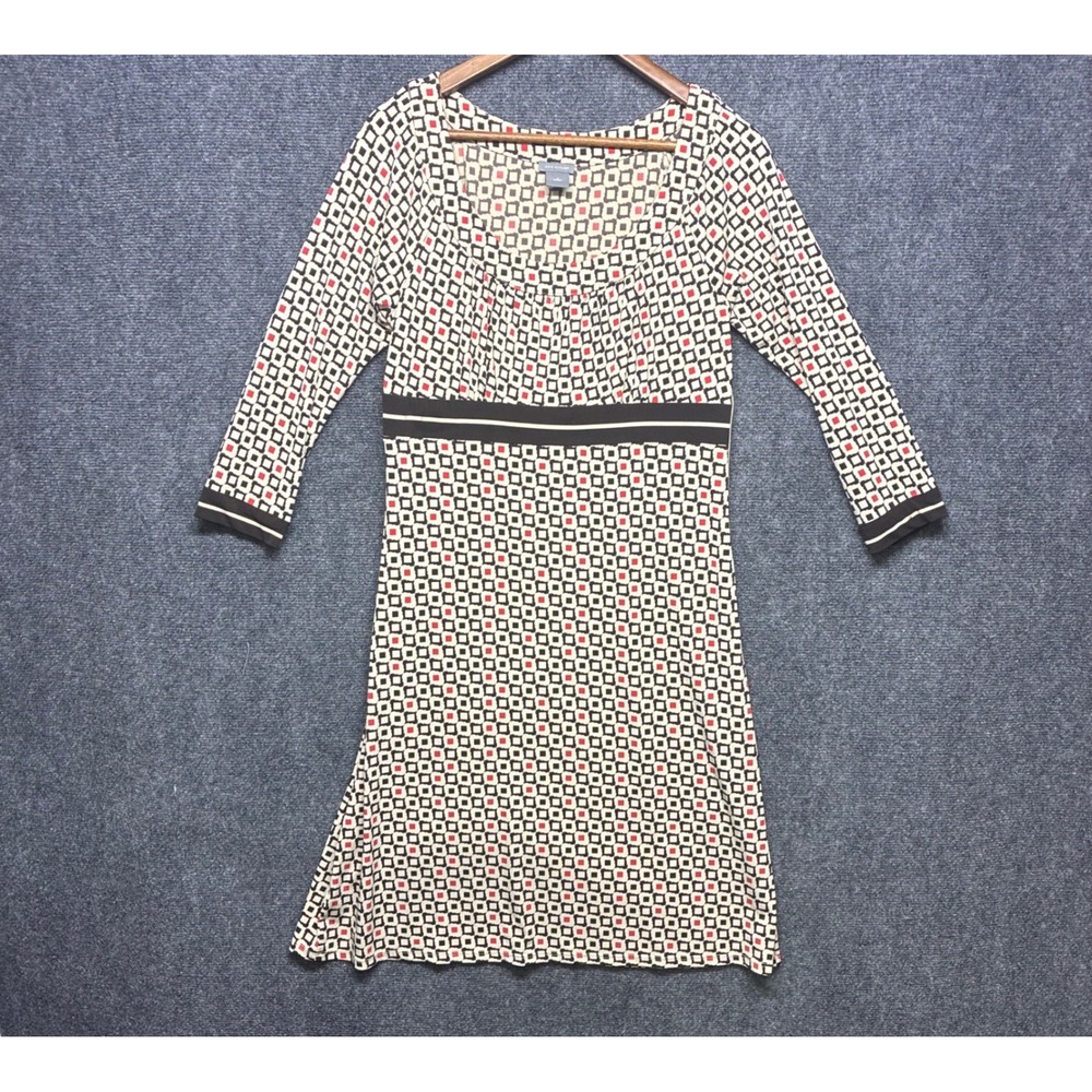 Ann Taylor Geometric Print Dress 6 Empire Waist 3/4 Sleeve Sheath Red‎ 70s 60s